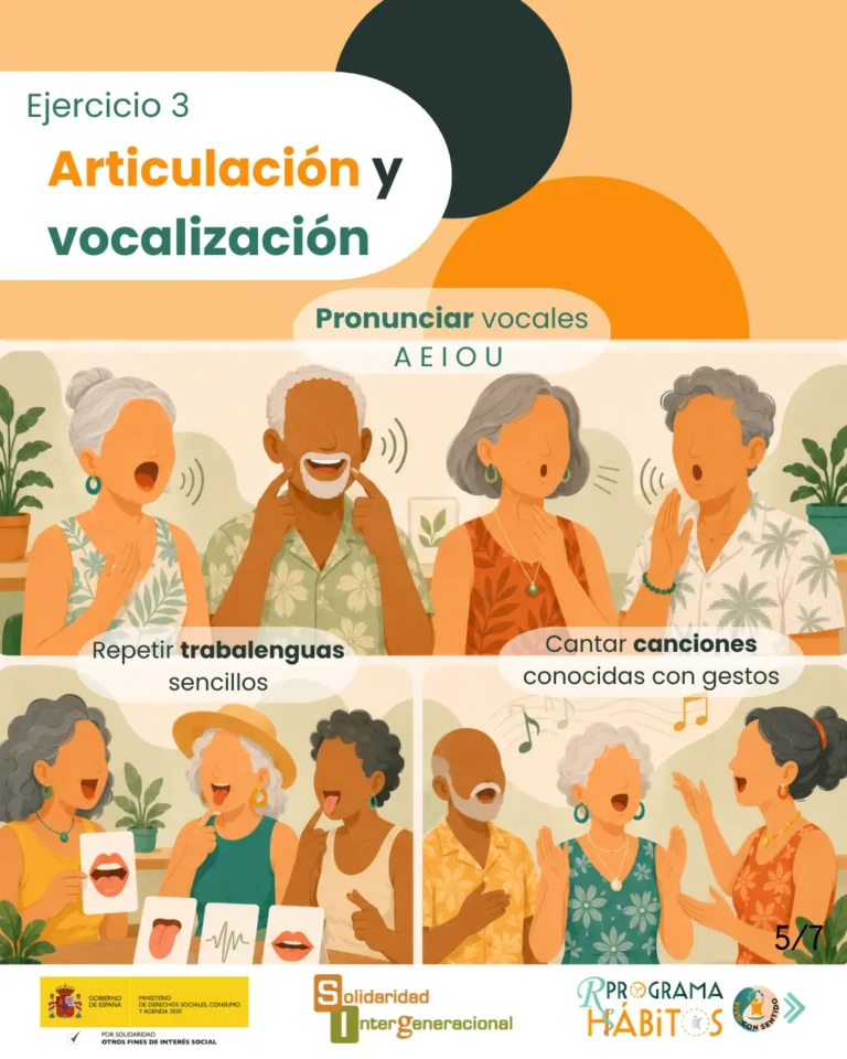 Estas imágenes muestran diferentes ejercicios de movilidad y tono muscular, expresión emocional,articulación y vocalización y juegos de mímica.