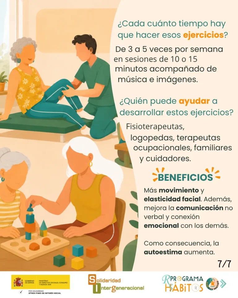 Estas imágenes muestran diferentes ejercicios de movilidad y tono muscular, expresión emocional,articulación y vocalización y juegos de mímica.